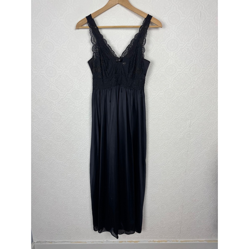 Vintage Shadowline Black Lace Empire Waist Nightgown Maxi Dress Small 31737
